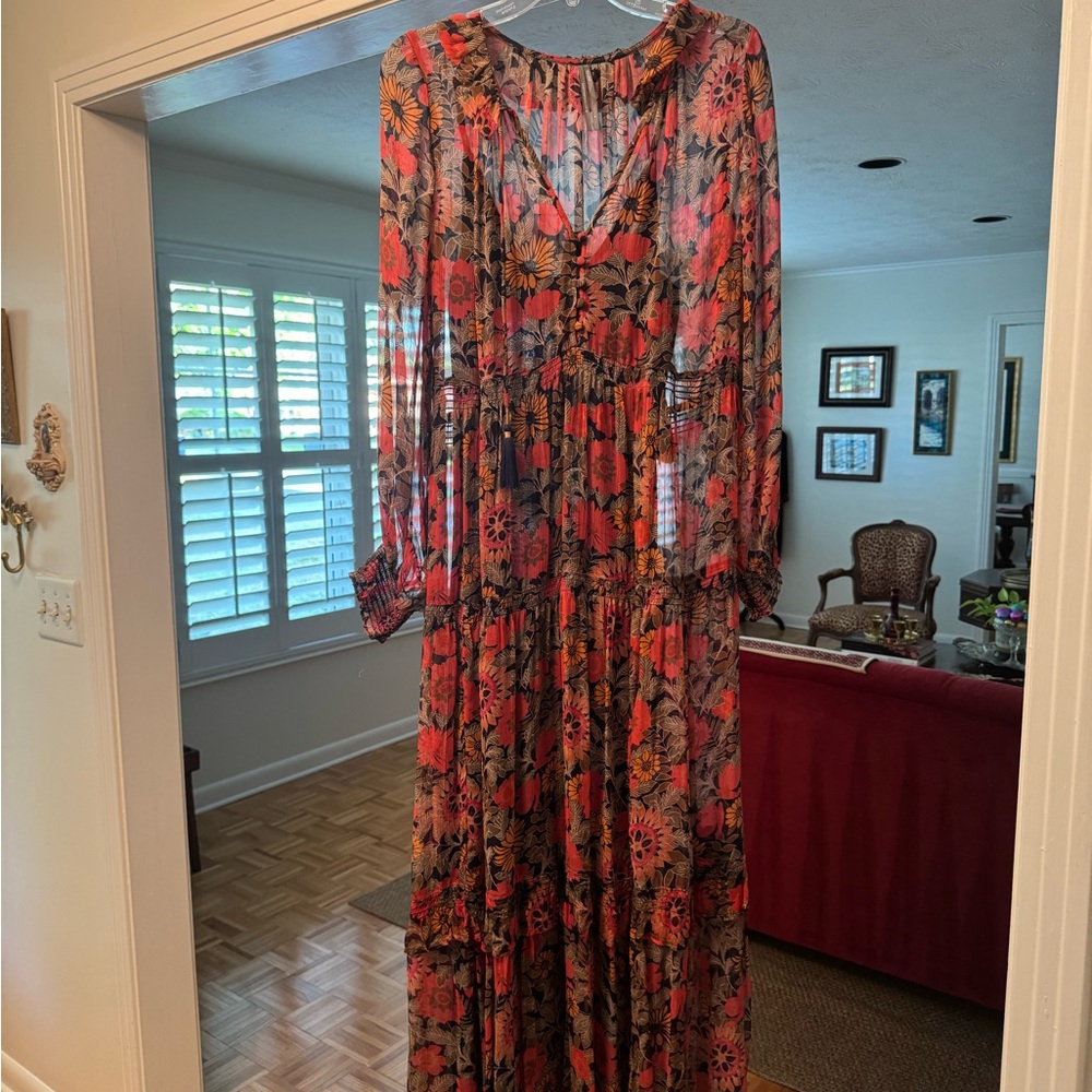Anthropologie Red and Orange V-Neck Long Sleeve Dress